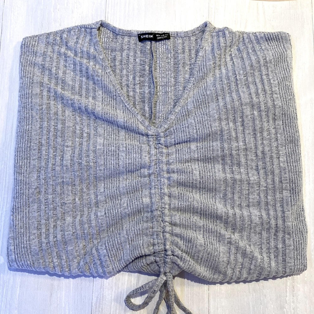V Neck Drawstring Sweater, Light Gray